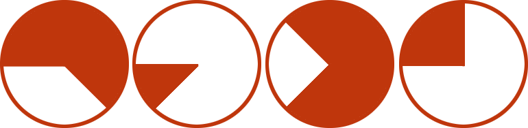 A set of four pie charts, each with one solid area and one unfilled area
