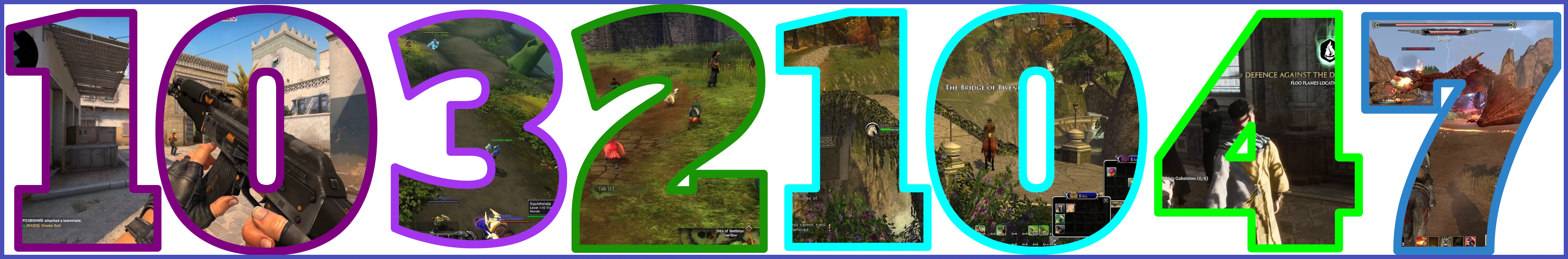 Various screenshots of games contained in blocky numbers, each with a different coloured border