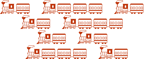 A series of trains: a short one, a long one, then another short; a short one and a long one; two short ones; a long one and a short one